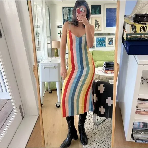 Reformation Rainbow Midi Dress 2 XS Striped V-neck spaghetti strap multicolor - Picture 6 of 11